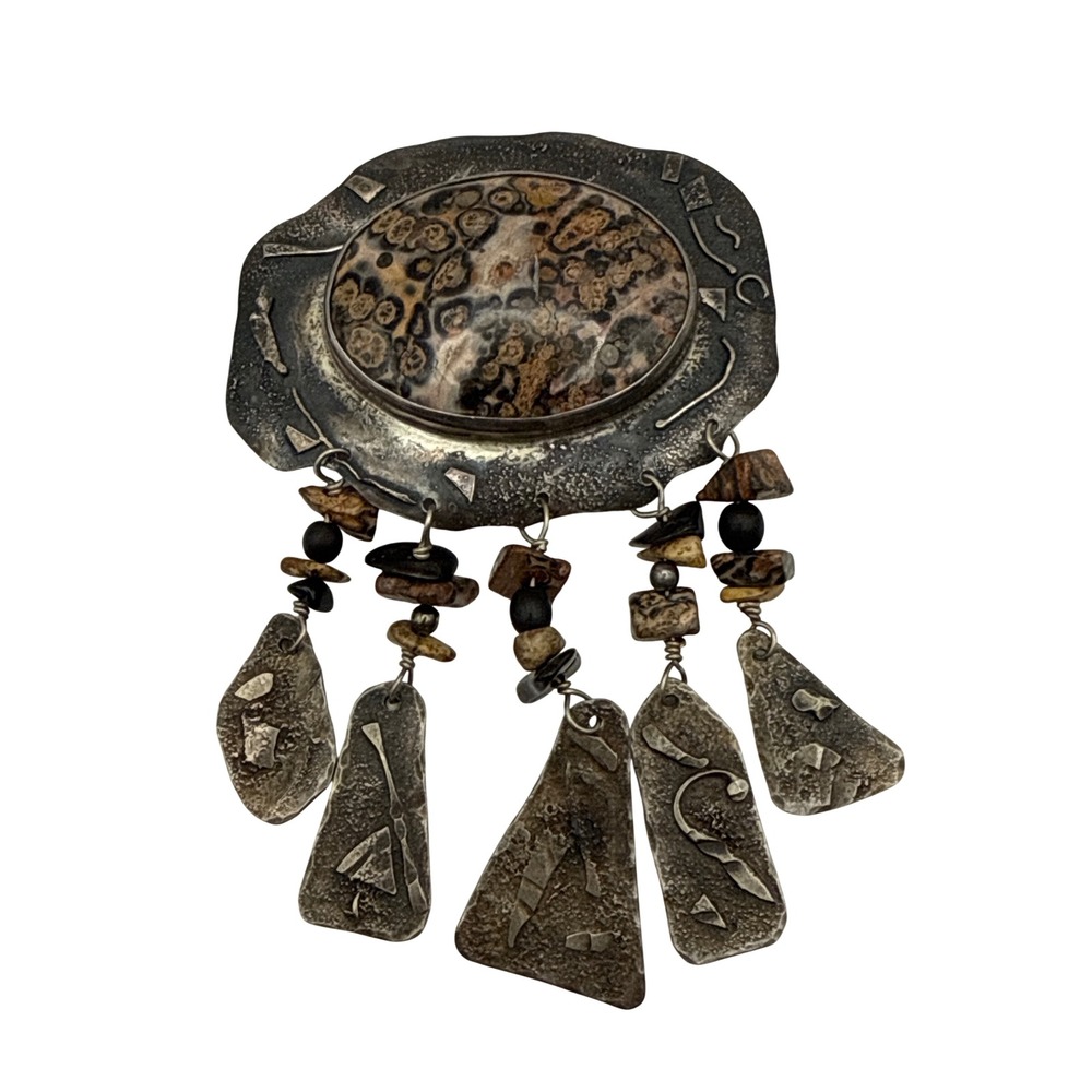 Trina Badarak Brooch Pin Women Brown  Fossil Sterling Silver Dangle Artisan